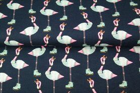 Najaar stoffen - Tricot stof - french terry digitaal flamingo op schaatsen - donkerblauw - 20502-15