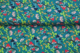 Tricot stoffen - Tricot stof - paddestoel bladeren - turquoise multi - 20600-99