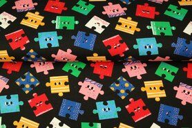 Zwarte stoffen - Tricot stof - puzzelstukjes - zwart - 20613-20