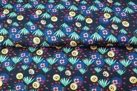 Bloemen motief stoffen - Tricot stof - bloemen - donkerblauw - 20603-15