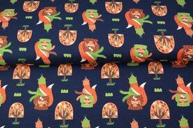 Donkerblauwe stoffen - Tricot stof - bomen en vos met muts - donkerblauw - 20608-15