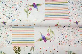 Aankleedkussen stoffen - Katoen stof - hydrofielstof patchwork vogels en bloemen - wit multi - 20181-02