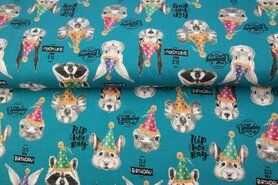 Kinderprint stoffen - Tricot stof - digitaal fantasie dieren happy birthday - turquoise - 20243-99