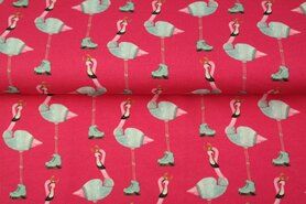 Roze stoffen - Tricot stof - french terry digitaal flamingo op schaatsen - fuchsia - 20502-12