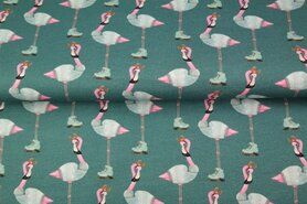 Kinderprint stoffen - Tricot stof - french terry digitaal flamingo op schaatsen - mintgroen - 20502-99