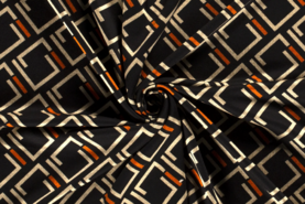 Jersey - Tricot stof - bedrukt abstract - zwart beige oranje - 18129-056