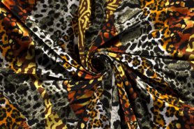 Gele stoffen - Tricot stof - bedrukt dierenprint - zwart oranje oker - 18138-069