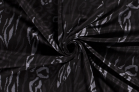 55% polyester, 45% viscose stoffen - Tricot stof - bedrukt tijgerprint - zwart - 18137-069