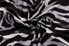 55% polyester, 45% viscose stoffen - Tricot stof - bedrukt zebraprint - zwart grijs - 18105-069