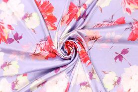 97% Polyester, 3% Elastan stoffen - Satijn stof - stretch flower - paars - 19615-815