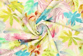 Nieuwe stoffen - Viscose stof - half linnen digitaal tropical watercolors - groen - 19814-320
