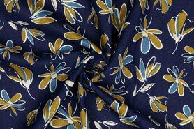 55% linnen, 45% viscose - Linnen stof - viscose bloemen - navy - 20/6691-003