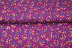 Witte tricot stoffen - Tricot stof - digitaal dobbelstenen - paars - 20233-13