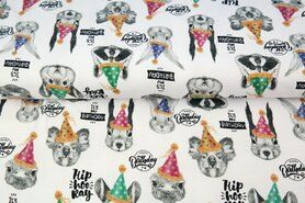 Kinderprint stoffen - Tricot stof - digitaal fantasie dieren happy birthday - wit - 20243-02