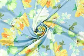 97% Polyester, 3% Elastan stoffen - Satijn stof - stretch flower - blauw - 19615-630