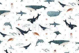 Kleding stoffen - Tricot stof - digitaal walvis orka haai dolfijn - wit - 20/6731-001