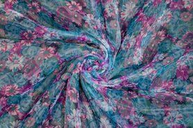 Organza stoffen - Organza stof - bloemen - blauw - 317058-20