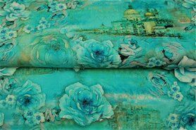 Turquoise stoffen - Tricot stof - digitaal fantasie bloemen - turquoise - 21025-99