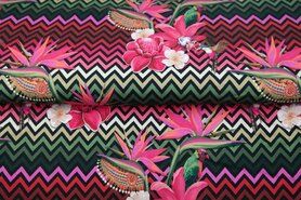 Roze tricot stoffen - Tricot stof - digitaal fantasie gestreept bloemen en vogels - fuchsia - 21053-12