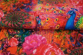Fuchsia stoffen - Tricot stof - digitaal fantasieprint pauw - fuchsia - 21016-14