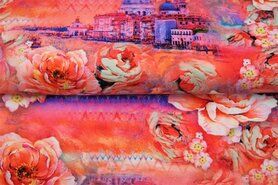 Rode stoffen - Tricot stof - digitaal fantasie bloemen - roze rood - 21025-13