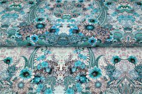 Kledingstoffen - Tricot stof - digitaal fantasie bloemen - turquoise - 21001-09