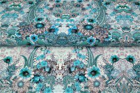 Top(je) stoffen - Tricot stof - digitaal fantasie bloemen - turquoise - 21001-09