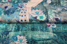 Uitverkoop - Tricot stof - digitaal fantasie bloemen pauw - turquoise - 21056-09