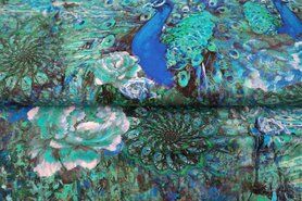 Jurk stoffen - Tricot stof - digitaal fantasie pauw - turquoise - 21016-09