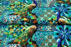 Frühling - Tricot stof - digitaal mozaiek pauw - turquoise - 21071