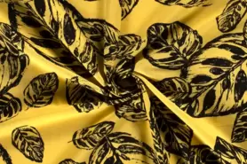 Gele stoffen - Viscose stof - linnen bedrukt bladeren - geel - 19145-034