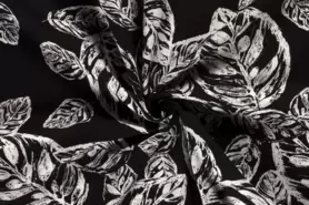 70% viscose, 30% linnen - Viscose stof - bedrukt bladeren - zwart - 19145-069