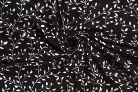 Bladeren motief - Tricot stof - bedrukt takjes - zwart - 19217-069
