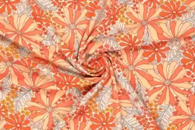 Viscose stoffen - Viscose stof - stretch flowers - oranje - 19781-445