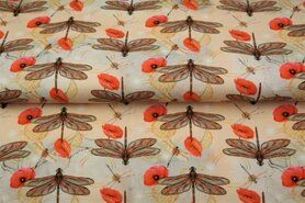 Oranje stoffen - Tricot stof - digitaal bloemen en libelle - oranje - 21055-02