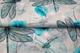 Zomer stoffen - Tricot stof - digitaal bloemen libelle - turquoise - 21054-99