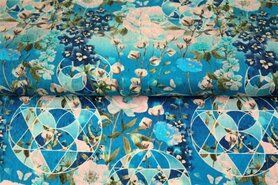 Blauwe stoffen - Tricot stof - digitaal fantasie bloemen - blauw - 21058-09