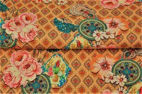 Oranje stoffen - Tricot stof - digitaal fantasieprint retro bloemen - oranje - 21043