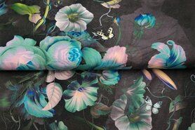 Tricot stoffen - Tricot stof - digitaal fantasie bloemen en vlinders - turquoise - 21031-09