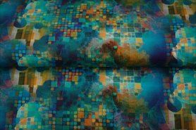 Turquoise stoffen - Tricot stof - digitaal fantasie mozaiek - turquoise - 21068