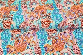 Turquoise stoffen - Tricot stof - digitaal fantasie tijgers - turquoise oranje - 21212-14