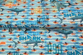 Dierenmotief stoffen - Tricot stof - digitaal shark - turquoise - 21086