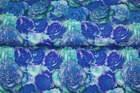 Legging stoffen - Tricot stof - digitaal bloemen - blauw - 21920-09