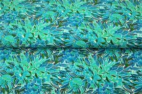 Tricot stoffen - Tricot stof - digitaal bloemen - turquoise - 21938-09