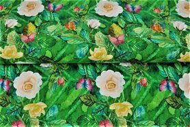 Katoenen tricot stoffen - Tricot stof - digitaal bloemen en vlinders - groen multi - 21205