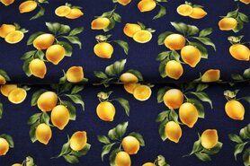 Fruit stoffen - Tricot stof - digitaal citroenen - donkerblauw - 21955-15