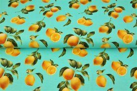 Fruit stoffen - Tricot stof - digitaal citroenen - turquoise - 21955-09