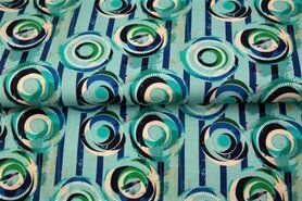 Blauwe stoffen - Tricot stof - digitaal fantasie cirkels gestreept - blauw - 21944-09