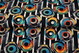 Multi kleur stoffen - Tricot stof - digitaal fantasie cirkels gestreept - zwart multi - 21944-20