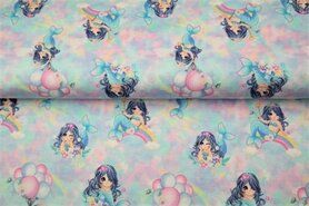 Uitverkoop - Tricot stof - digitaal fantasie zeemeermin - blauw roze geel - 21258